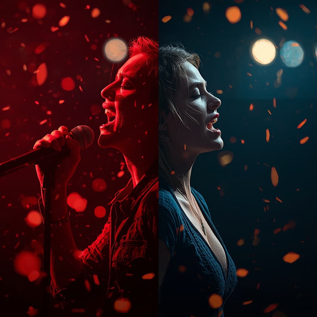 Live Battle portraits — Official Voice in red light, Challenger in cool light