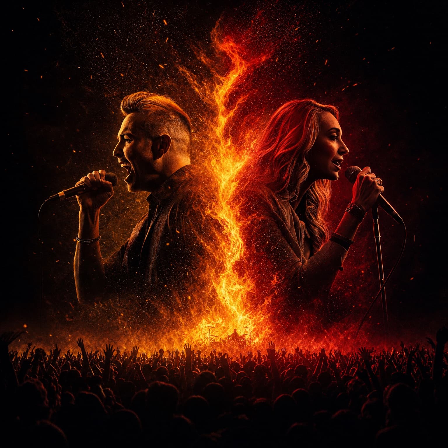 Official Voice and Challenger facing off, fire and crowd between them