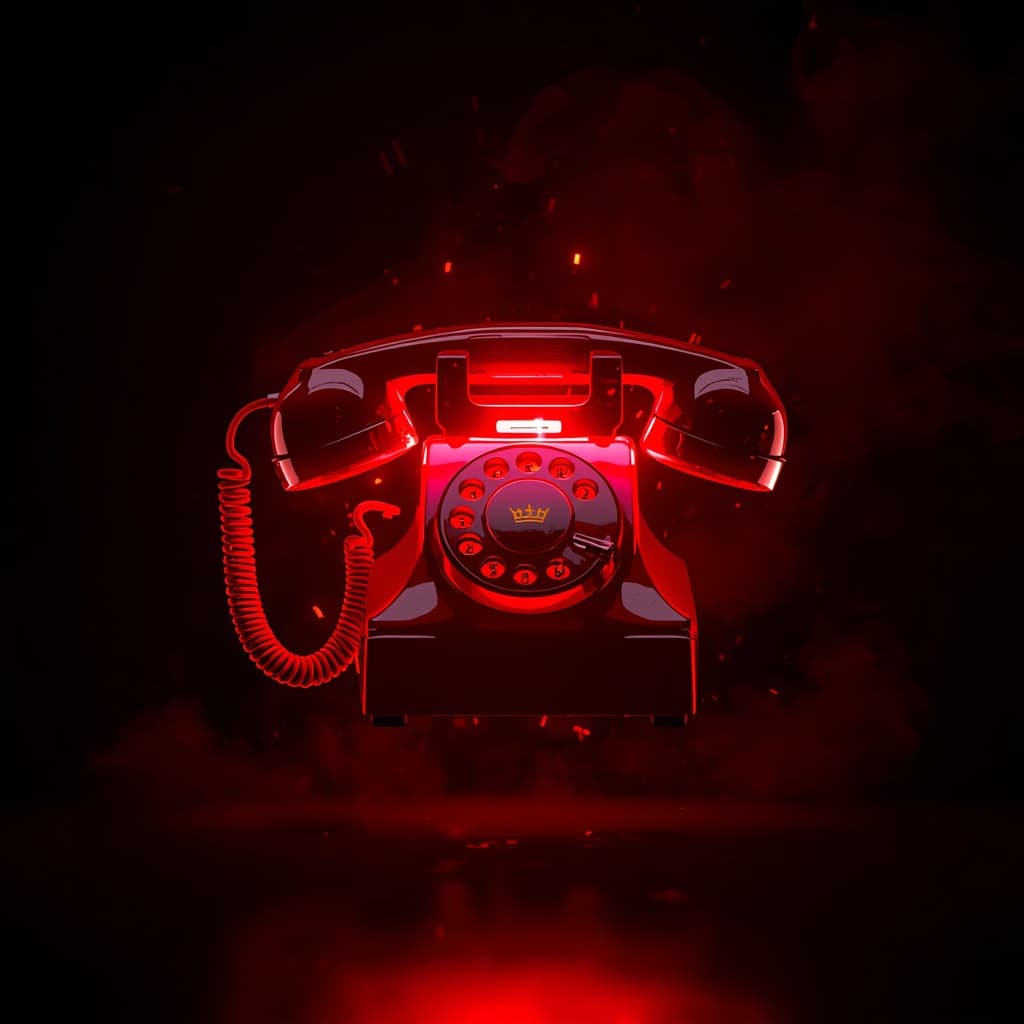 Glowing red vintage rotary telephone with a small golden crown emblem