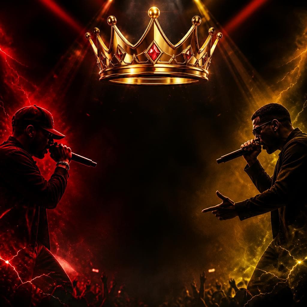 Two singers facing off beneath a golden crown